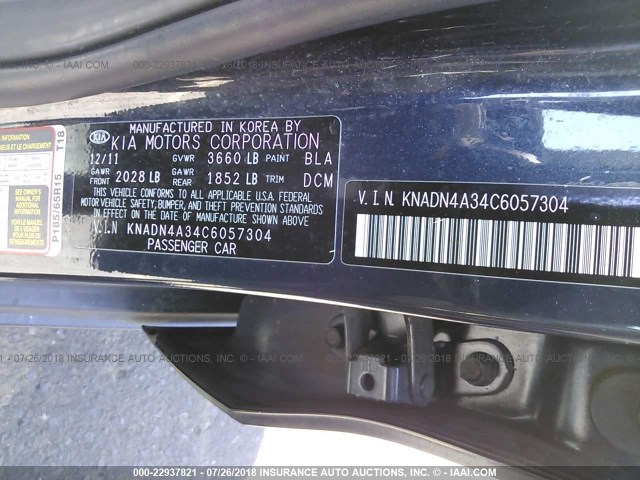 KNADN4A34C6057304 - 2012 KIA RIO EX/SX BLUE photo 9