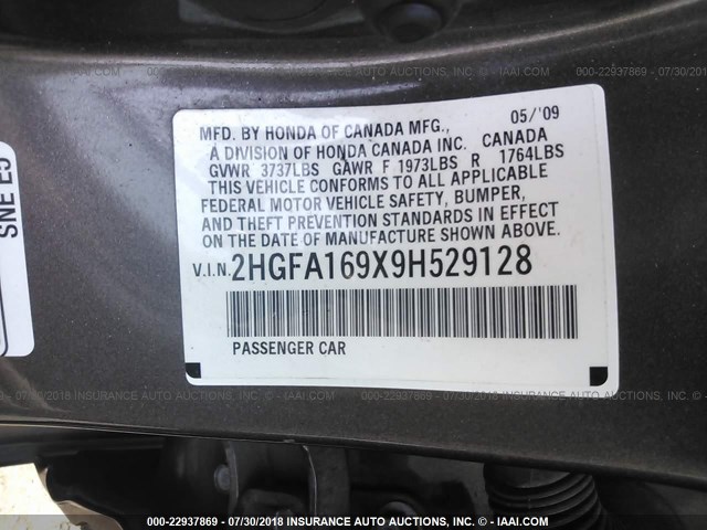 2HGFA169X9H529128 - 2009 HONDA CIVIC EXL ნაცრისფერი ფოტო 9