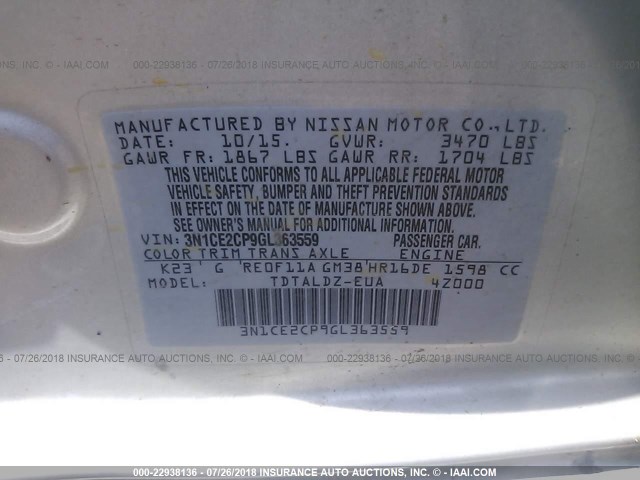 3N1CE2CP9GL363559 - 2016 NISSAN VERSA NOTE S/S PLUS/SV/SL/SR SILVER photo 9