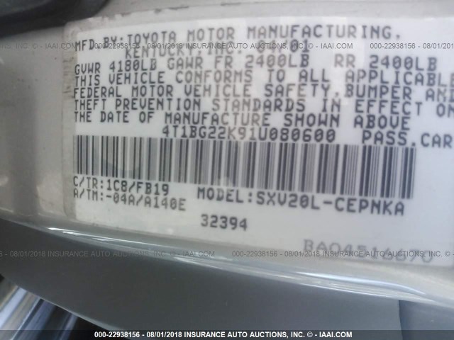 4T1BG22K91U080600 - 2001 TOYOTA CAMRY CE/LE/XLE ვერცხლისფერი ფოტო 9