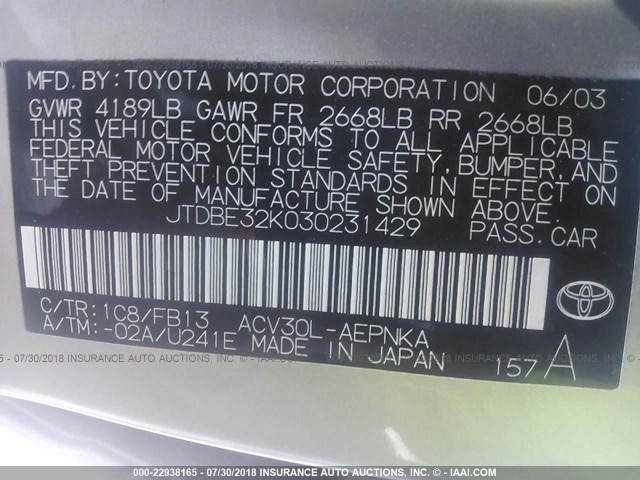 JTDBE32K030231429 - 2003 TOYOTA CAMRY LE/XLE 银色 照片 9