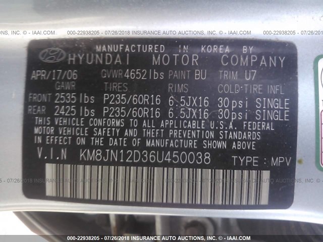 KM8JN12D36U450038 - 2006 HYUNDAI TUCSON GLS/LIMITED 青绿色 照片 9