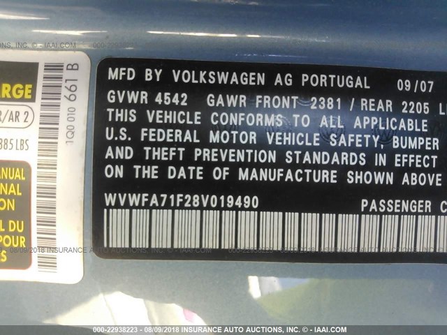 WVWFA71F28V019490 - 2008 VOLKSWAGEN EOS LUX Світло-синій фото 9