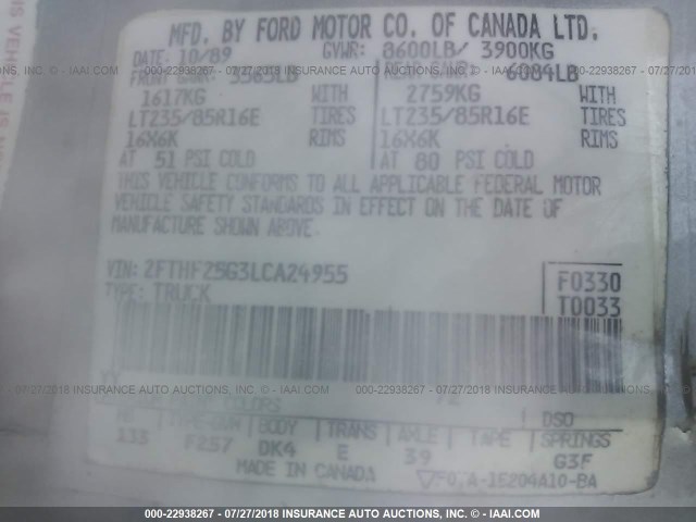 2FTHF25G3LCA24955 - 1990 FORD F250 SILVER photo 9