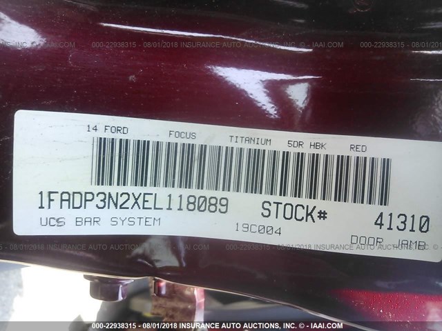 1FADP3N2XEL118089 - 2014 FORD FOCUS TITANIUM RED photo 9