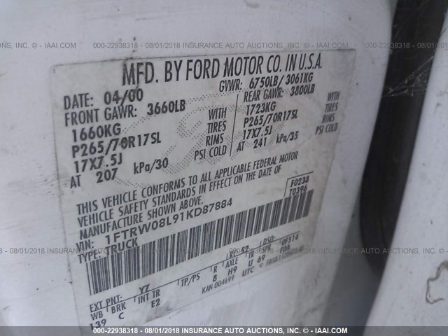 1FTRW08L91KD87884 - 2001 FORD F150 SUPERCREW WHITE photo 9