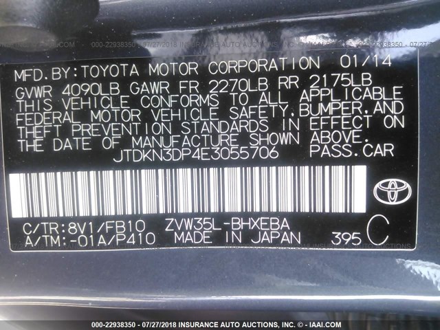 JTDKN3DP4E3055706 - 2014 TOYOTA PRIUS PLUG-IN  GRAY photo 9