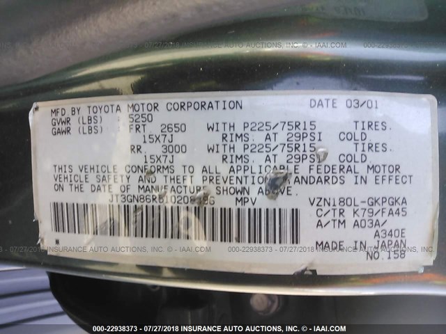 JT3GN86R510208496 - 2001 TOYOTA 4RUNNER SR5 GREEN photo 9