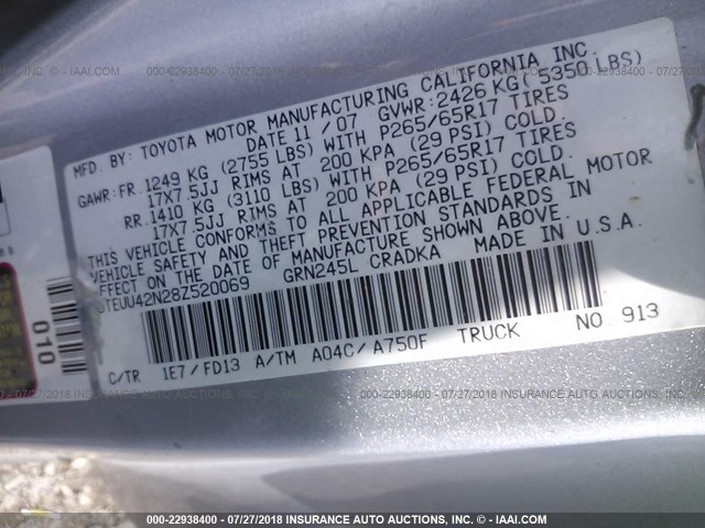 5TEUU42N28Z520069 - 2008 TOYOTA TACOMA ACCESS CAB Silber Foto 9