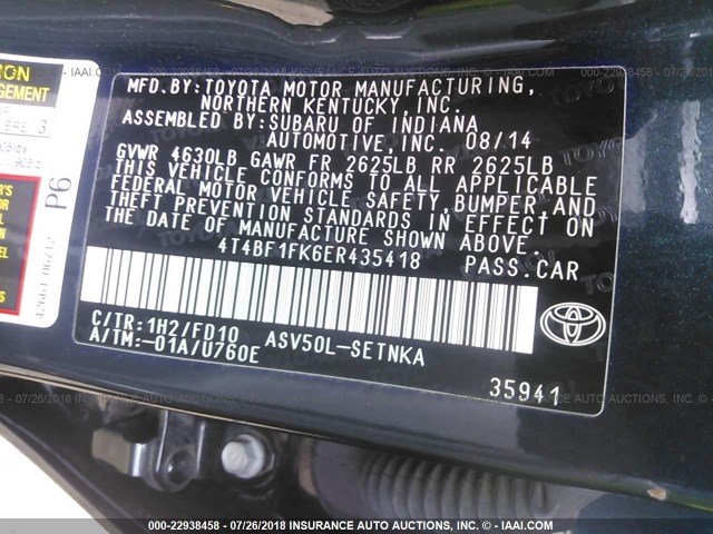 4T4BF1FK6ER435418 - 2014 TOYOTA CAMRY L/SE/LE/XLE შავი ფოტო 9