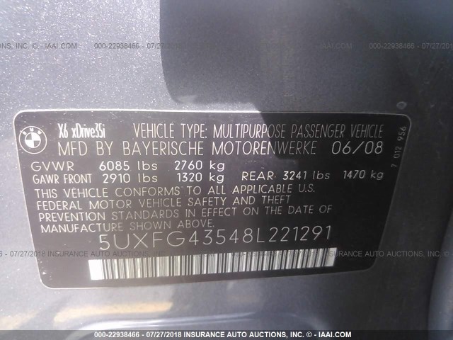 5UXFG43548L221291 - 2008 BMW X6 XDRIVE35I GRAY photo 9