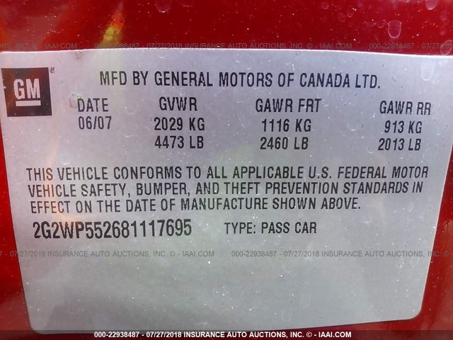 2G2WP552681117695 - 2008 PONTIAC GRAND PRIX RED photo 9