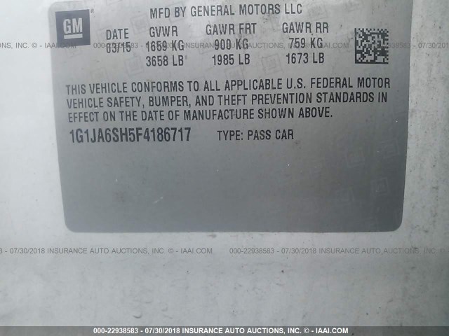 1G1JA6SH5F4186717 - 2015 CHEVROLET SONIC LS WHITE photo 9