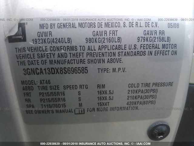 3GNCA13DX8S696585 - 2008 CHEVROLET HHR LS SILVER photo 9