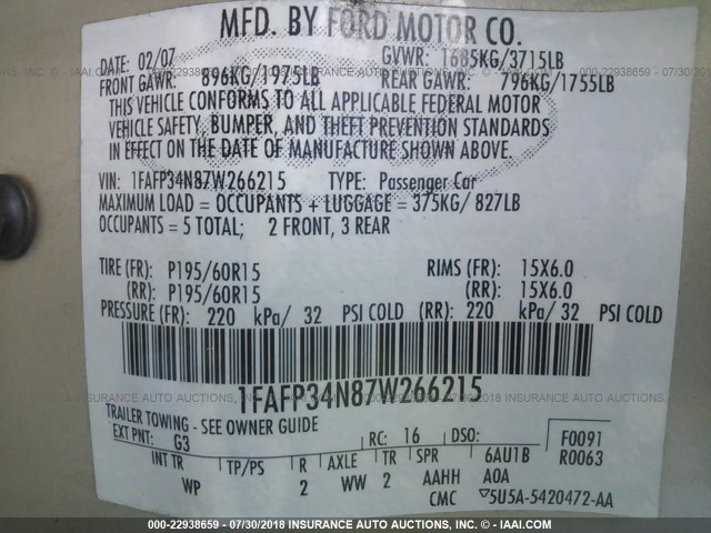 1FAFP34N87W266215 - 2007 FORD FOCUS ZX4/S/SE/SES 金色 照片 9