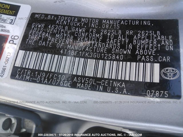 4T1BF1FK3GU125840 - 2016 TOYOTA CAMRY LE/XLE/SE/XSE SILVER photo 9