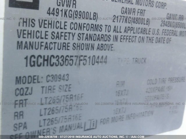 1GCHC33657F510444 - 2007 CHEVROLET SILVERADO C3500 WHITE photo 9