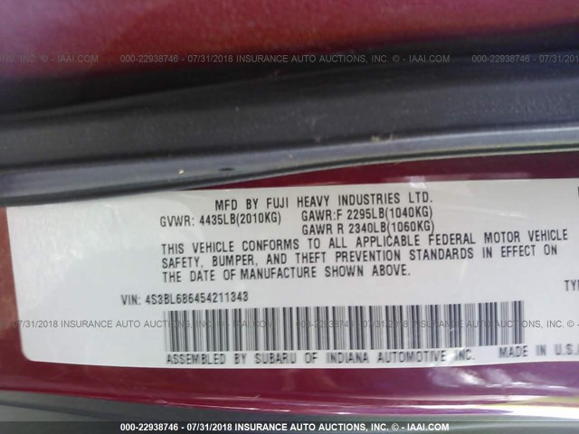 4S3BL686454211343 - 2005 SUBARU LEGACY GT RED photo 9