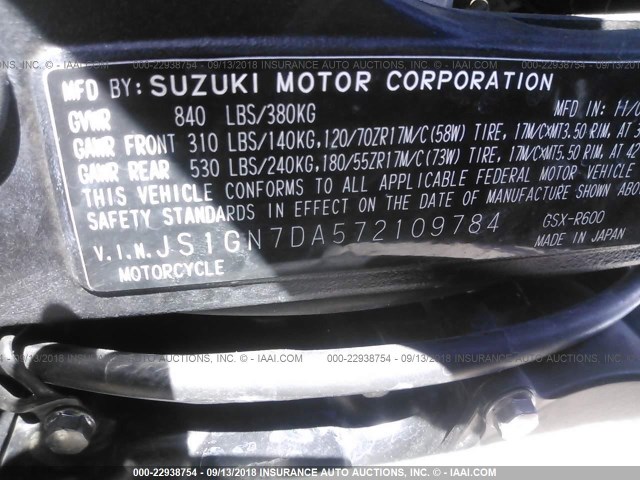 JS1GN7DA572109784 - 2007 SUZUKI GSX-R600 RED photo 10