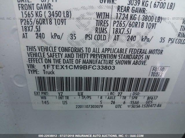 1FTEX1CM9BFC33803 - 2011 FORD F150 SUPER CAB WHITE photo 9