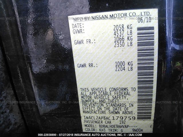 1N4CL2AP8AC179759 - 2010 NISSAN ALTIMA HYBRID BLACK photo 9