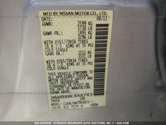 1N6AD0ERXBC448745 - 2011 NISSAN FRONTIER S/SV/SL/PRO-4X 银色 照片 9