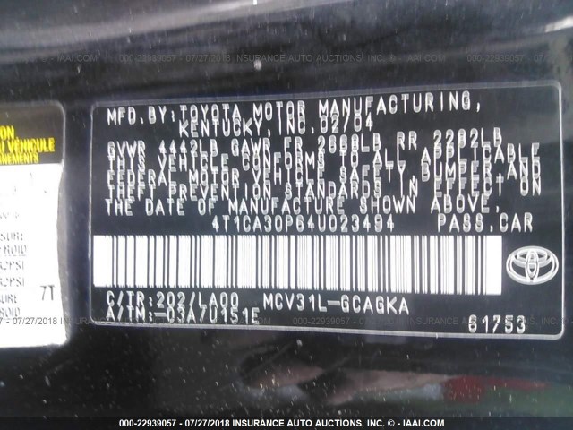 4T1CA30P64U023494 - 2004 TOYOTA CAMRY SOLARA SE/SLE შავი ფოტო 9