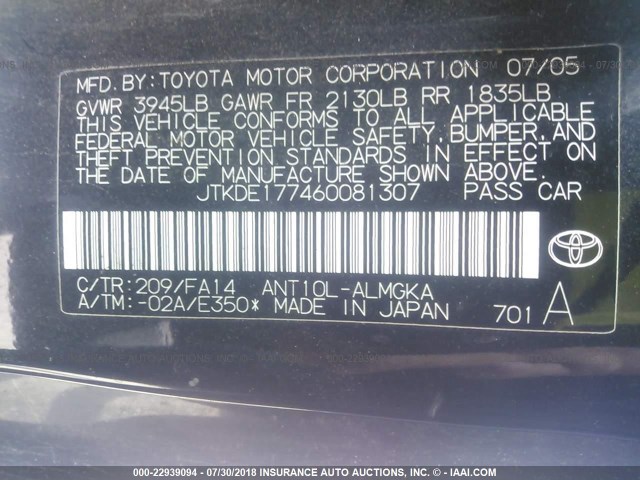 JTKDE177460081307 - 2006 TOYOTA SCION TC 黑色 照片 9