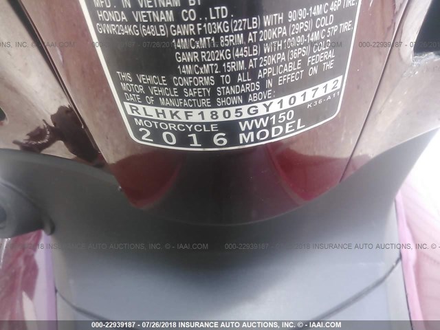 RLHKF1805GY101712 - 2016 HONDA PCX 150 MAROON photo 10