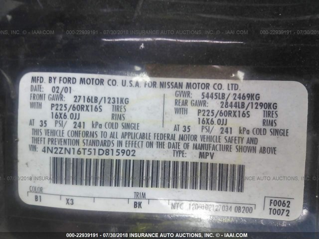 4N2ZN16T51D815902 - 2001 NISSAN QUEST SE BLUE photo 9