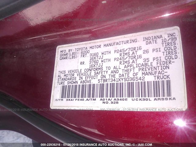 5TBRT341XYS036542 - 2000 TOYOTA TUNDRA ACCESS CAB/ACCESS CAB SR5 MAROON photo 9