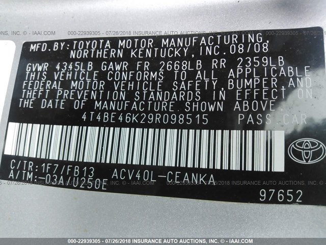 4T4BE46K29R098515 - 2009 TOYOTA CAMRY SE/LE/XLE 银色 照片 9