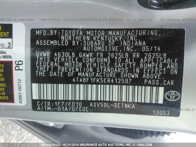 4T4BF1FK5ER412597 - 2014 TOYOTA CAMRY L/SE/LE/XLE SILVER photo 9