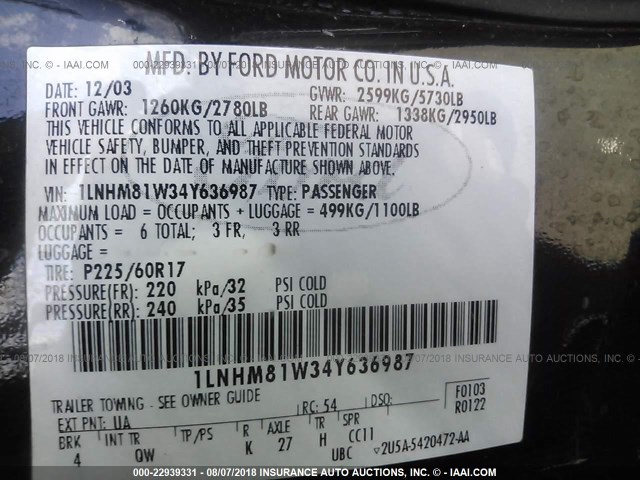 1LNHM81W34Y636987 - 2004 LINCOLN TOWN CAR EXECUTIVE/SIGNATURE Siyah fotoğraf 9