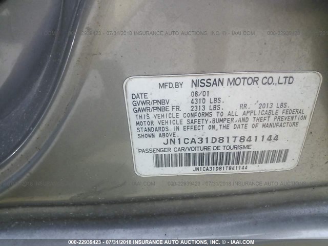 JN1CA31D81T841144 - 2001 NISSAN MAXIMA GXE/SE/GLE/20TH ANNIV GRAY photo 9