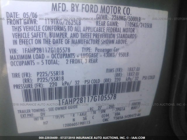 1FAHP28117G105578 - 2007 FORD FIVE HUNDRED LIMITED GREEN photo 9