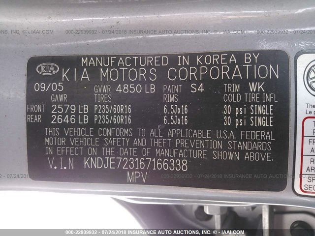 KNDJE723167166338 - 2006 KIA NEW SPORTAGE  GRAY photo 9