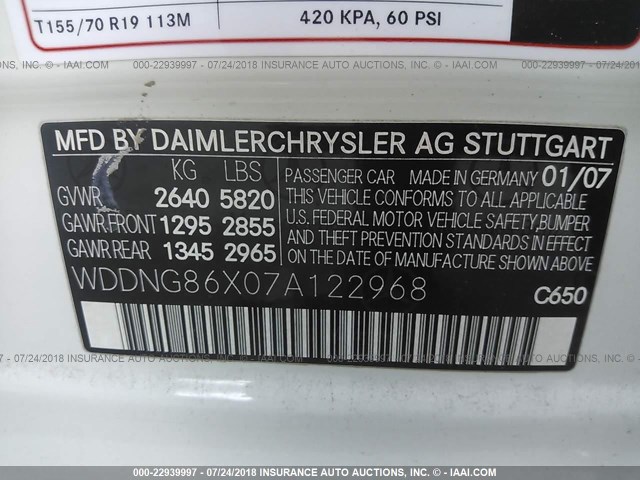 WDDNG86X07A122968 - 2007 MERCEDES-BENZ S 550 4MATIC WHITE photo 9