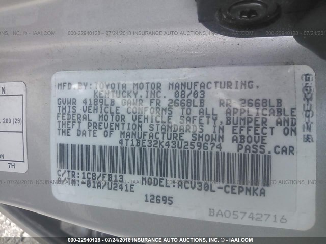 4T1BE32K43U259674 - 2003 TOYOTA CAMRY LE/XLE/SE 灰色 照片 9