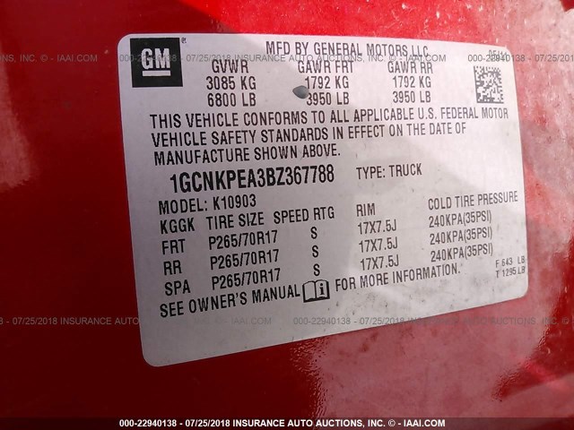 1GCNKPEA3BZ367788 - 2011 CHEVROLET SILVERADO K1500 RED photo 9