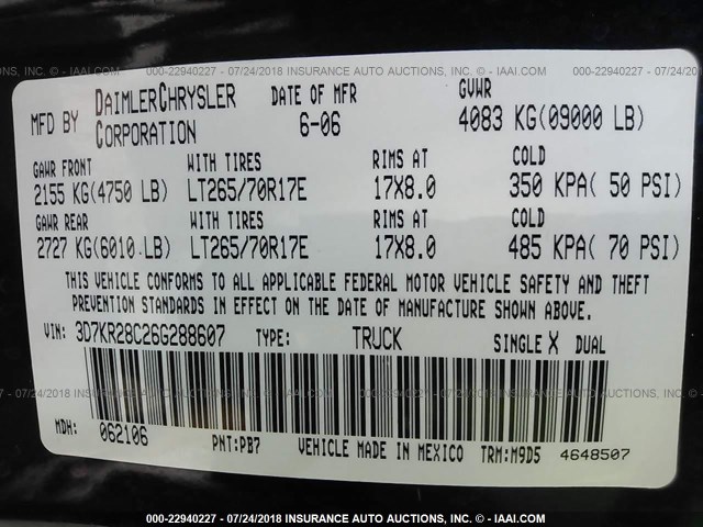 3D7KR28C26G288607 - 2006 DODGE RAM 2500 ST/SLT 蓝色 照片 9