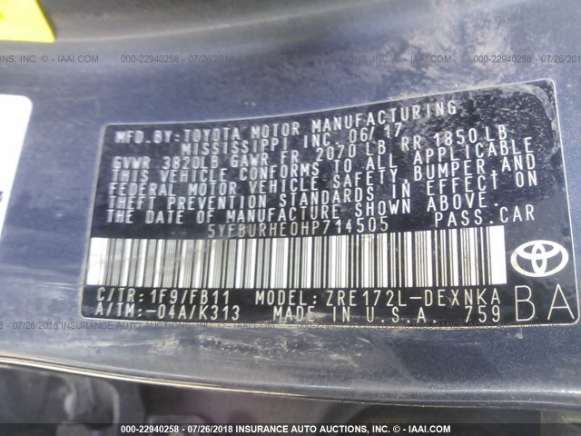 5YFBURHE0HP714505 - 2017 TOYOTA COROLLA L/LE/XLE/SE/XSE 灰色 照片 9