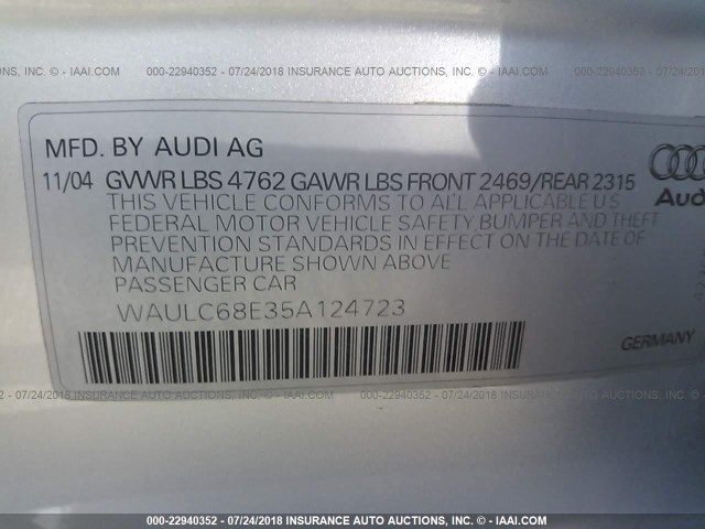 WAULC68E35A124723 - 2005 AUDI A4 SILVER photo 9