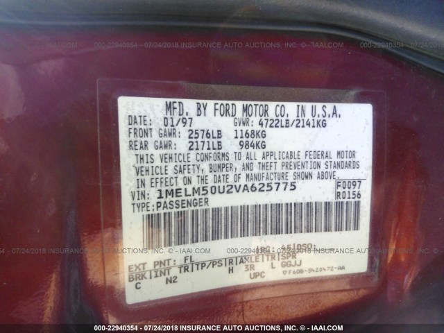 1MELM50U2VA625775 - 1997 MERCURY SABLE GS RED photo 9