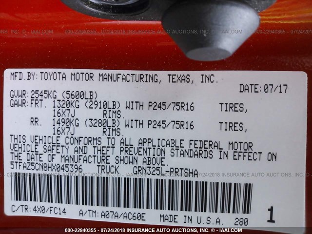 5TFAZ5CN8HX045396 - 2017 TOYOTA TACOMA DBL CAB/SR5/TRD SPORT/OR ORANGE photo 9