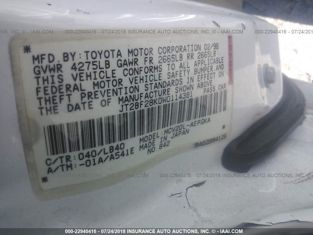 JT2BF28K0W0114381 - 1998 TOYOTA CAMRY LE/XLE WHITE photo 9