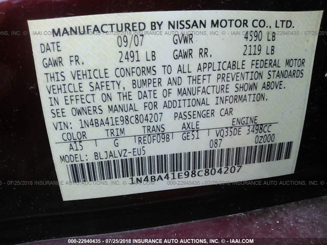 1N4BA41E98C804207 - 2008 NISSAN MAXIMA SE/SL RED photo 9