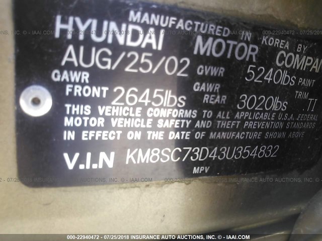 KM8SC73D43U354832 - 2003 HYUNDAI SANTA FE GLS/LX GOLD photo 9