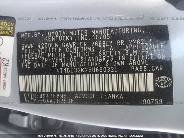 4T1BE32K26U690325 - 2006 TOYOTA CAMRY LE/XLE/SE Mavi foto 9