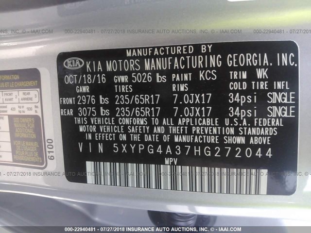 5XYPG4A37HG272044 - 2017 KIA SORENTO LX/L SILVER photo 9